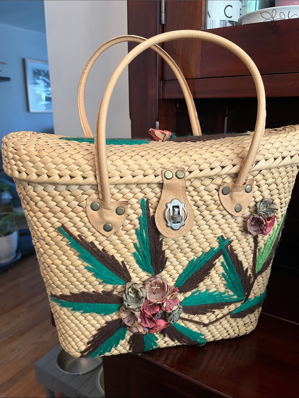 Vintage Woven Straw Tote with Teal & Brown Floral Accents